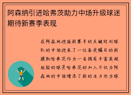 阿森纳引进哈弗茨助力中场升级球迷期待新赛季表现